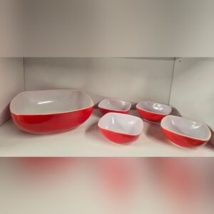 Vtg Pyrex Hostess Set Red 5 Peice Set